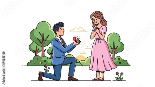 Man proposing marriage to a woman in a park offering a ring in a box romantic proposal scene illustration for love and relationships