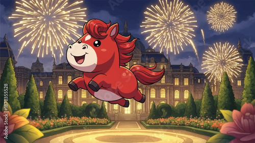 Cute horse jumps happily under fireworks at a grand palace.