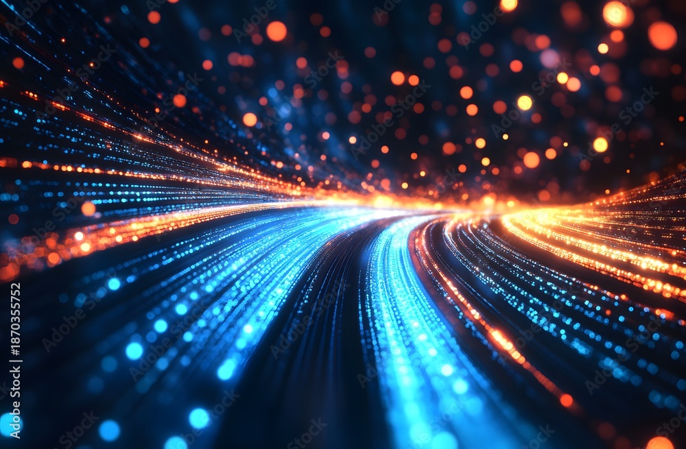 Obraz premium Futuristic abstract background featuring blue and orange glowing light beams.