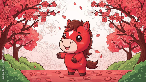 Cute red horse character standing under pink cherry blossom trees.