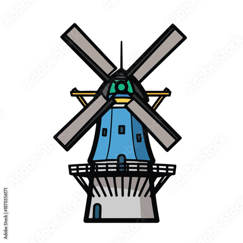 A blue and grey cartoon windmill with four blades