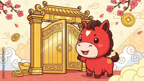 Cartoon horse standing by a golden gate for chinese new year.