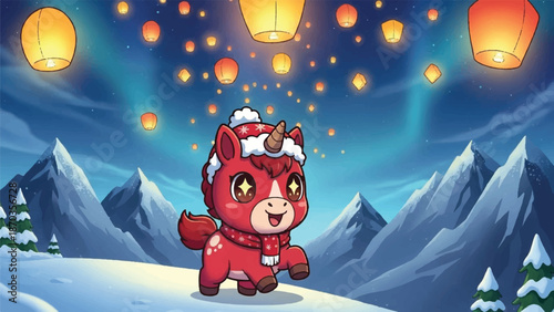 Cute red unicorn celebrates winter under floating lanterns.