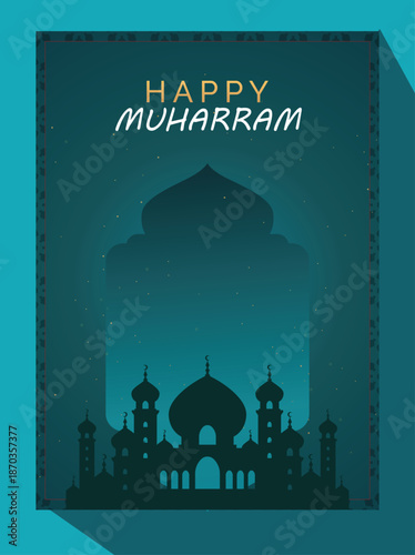 Eid Mubarak greeting card featuring a vintage vector illustration of a landmark Islamic mosque and the Taj Mahal silhouette representing Asian religion and culture