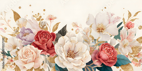 A vibrant floral arrangement featuring various roses and peonies, accented with gold elements, creating an elegant and artistic display.