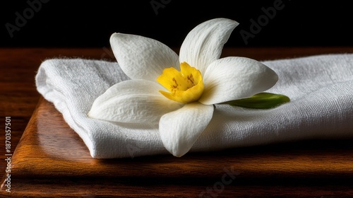 Elegant white flower with yellow center resting on a neatly folded linen napkin on a wooden table surface