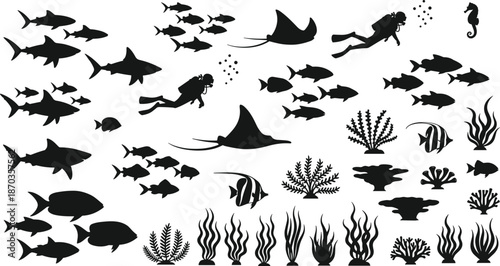 Collection of scuba divers sharks stingrays and school of fish silhouettes with coral reef cad drawing flat vector illustration set
