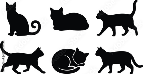 Black cat silhouettes set with sitting sleeping and walking poses, cute domestic feline pet collection, isolated flat vector illustration