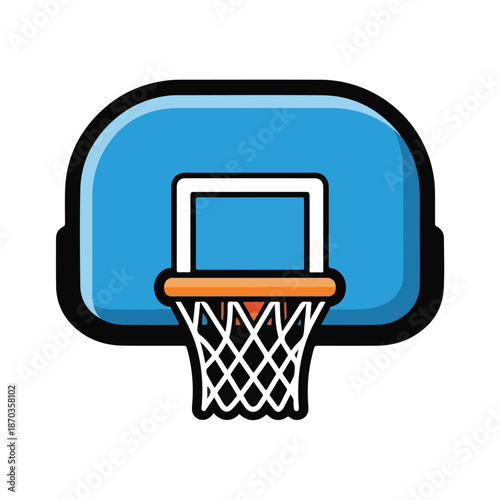 A cartoon basketball hoop with blue backboard