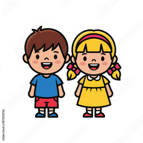 A cartoon boy and girl smiling