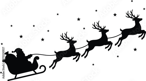 Santa Claus sleigh flying with three reindeer silhouette under starry night sky Christmas holiday vector illustration isolated white background minimalist