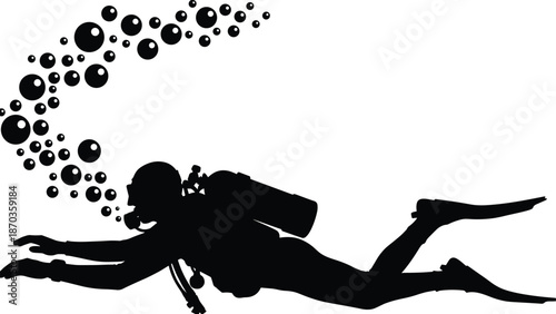 Scuba diver silhouette underwater swimming forward, oxygen bubbles rising, professional diving activity concept, isolated black figure on white background