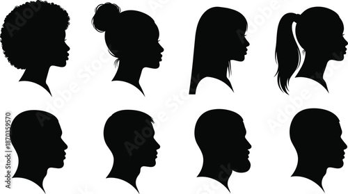 Silhouette collection of diverse male and female profile portraits with various hairstyles, side view head shots for grooming and beauty
