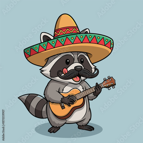 Raccoon playing guitar with sombrero