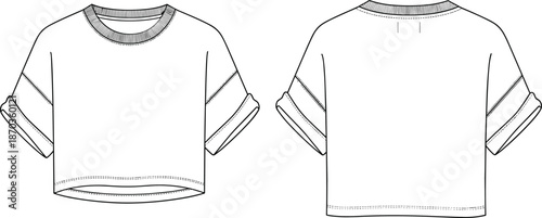 Women cropped t shirt technical sketch, casual fashion apparel design, front back view, rolled sleeve detail, modern flat illustration