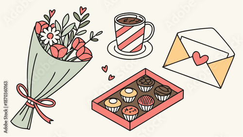 Valentine's Day gifts with flowers, chocolates, coffee, and love letter