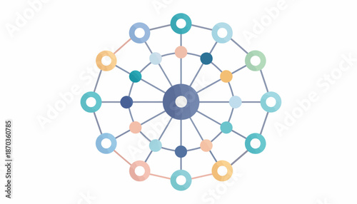 A colorful abstract illustration of a central hub connected to multiple nodes forming an interconnected network or system.