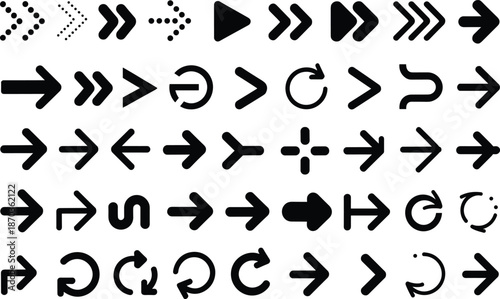 Large collection of black directional arrow icons featuring play buttons, reload symbols, curved pointers, dotted lines, and geometric navigation shapes for web interface design.