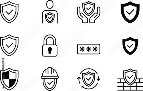 Set of minimalist black line security icons featuring verified shields, secure user profile, padlock, password protection, safety helmet, and firewall symbols for web.