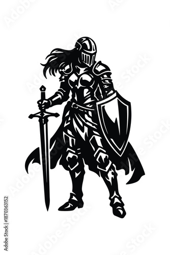 Female Knight Warrior Silhouette with Sword and Shield, Black and White Medieval Armor Illustration
