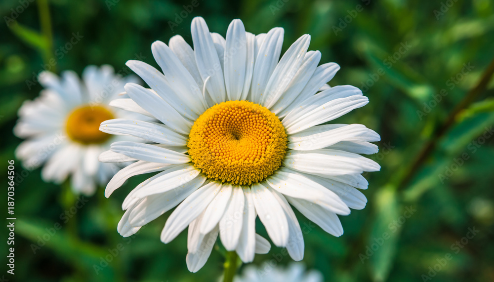 Fototapeta premium Close Up White Daisies Blooming in Green Garden Field.
