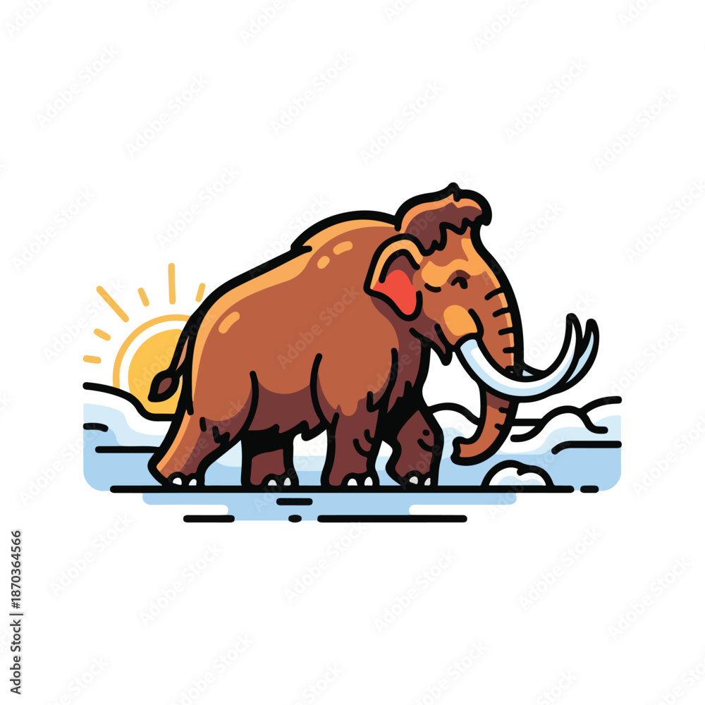 Fototapeta premium A cartoon mammoth wading through icy waters at sunrise