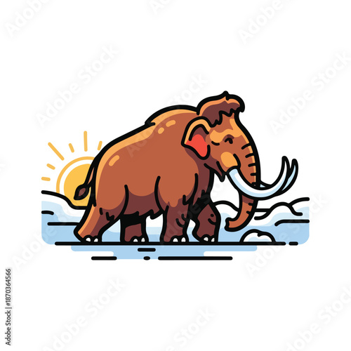 A cartoon mammoth wading through icy waters at sunrise