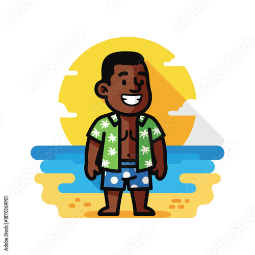 A cartoon man in beachwear standing before a sunset