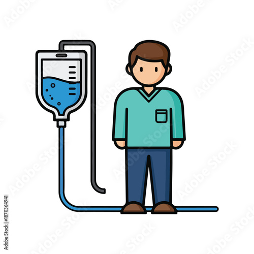 A cartoon man standing beside an intravenous drip