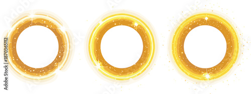 Abstract golden glowing circular rings with dynamic light particles isolated on white background vector illustration