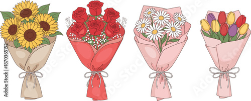 Beautiful flower bouquet set with sunflowers roses daisies and tulips wrapped in paper isolated on white background vector illustration