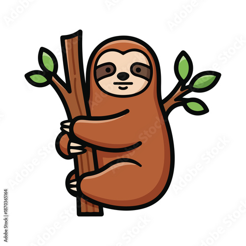 A cartoon sloth hanging on a tree branch