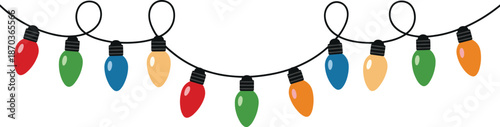 Colorful Christmas string lights garland illustration with red, green, blue, and orange bulbs isolated on white