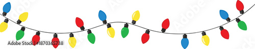 Colorful Christmas string lights garland with glowing bulbs for festive decoration isolated on white background vector illustration