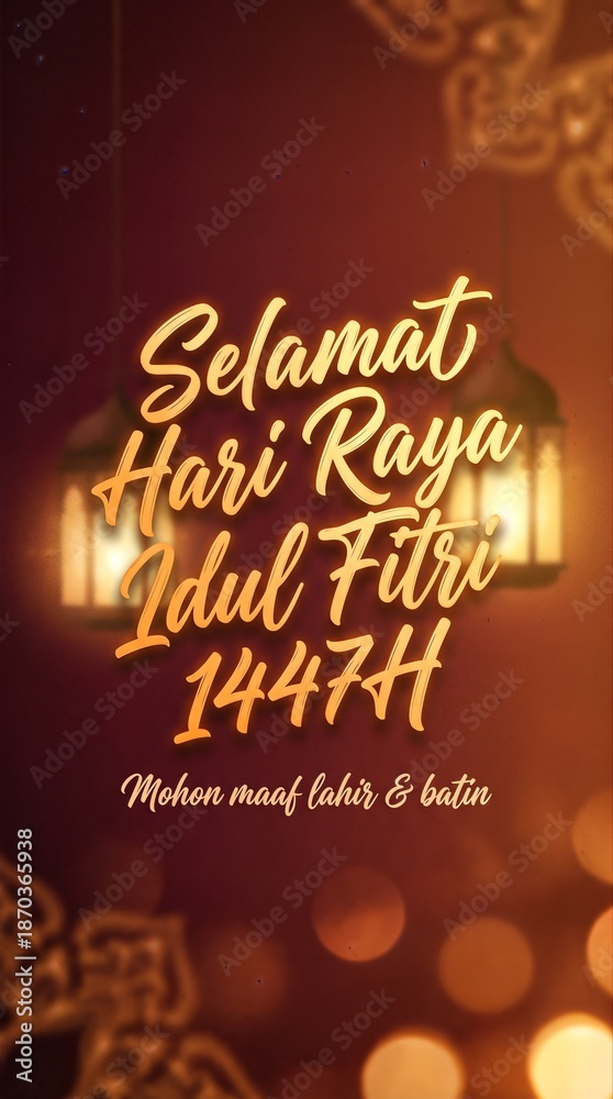 Naklejka premium Selamat Hari Raya Idul Fitri 1447H greeting card with glowing lantern and bokeh background.