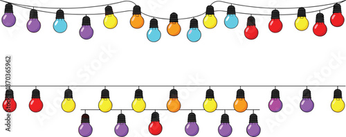 Colorful hanging string lights set with glowing bulbs for festive celebration and decorative garland isolated on white background vector illustration