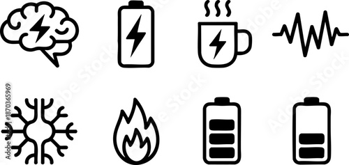 Energy Power and Battery Line Icons Set Electricity Charge Fire and Signal