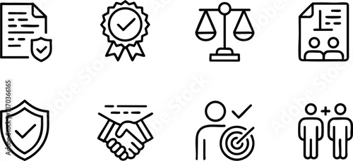 Legal Business and Trust Line Icons Set Document Law Approval Shield and Team