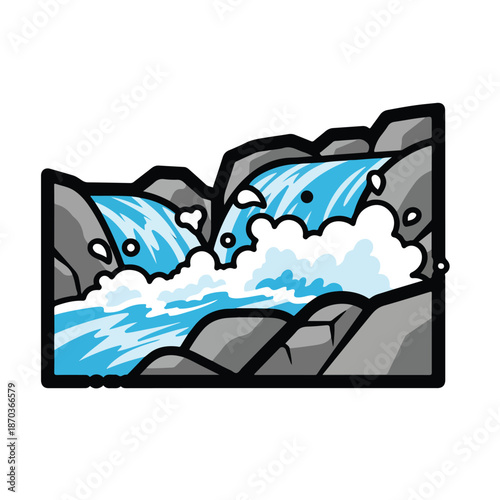 A cartoon waterfall cascades down rocks