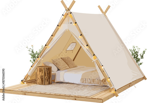 Cozy glamping tent interior with wooden platform fairy lights and bedding isolated on white background vector illustration