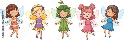 Cute cartoon fairy girls set with colorful dresses wings and hairstyles isolated on white background vector illustration