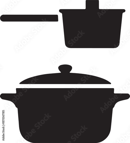 Essential kitchenware silhouette set including saucepan and lidded stockpot cooking utensils vector