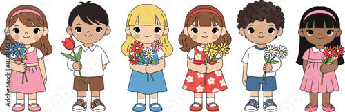 Cute children holding flowers illustration with diverse kids characters isolated on white background adorable vector artwork