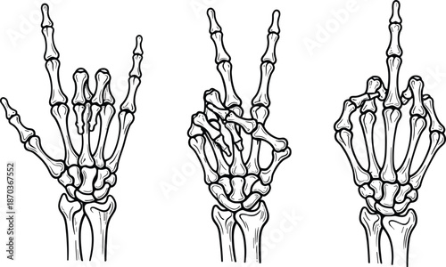 Skeleton Hand Gestures Set Featuring Rock On Peace Sign and Middle Finger Bone Art Illustrations for Halloween and Edgy Streetwear Designs