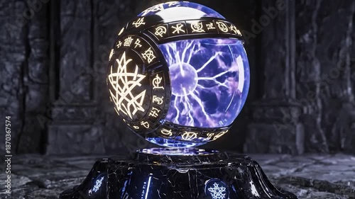 Glowing Crystal Ball with Ancient Symbols on Black Stand