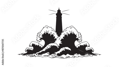 Lighthouse Silhouette Amidst Surging Waves: A monochrome illustration showcasing a steadfast lighthouse braving powerful ocean waves, symbolizing resilience and guidance through turbulent waters.