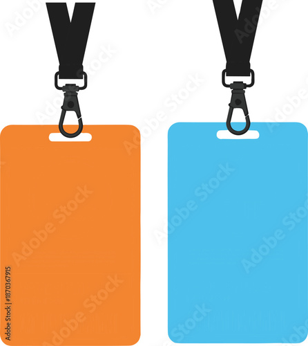 Identity Card Mockup Set with Black Lanyards and Orange and Blue Plastic Badge Holders for Corporate Event Press and Staff Access