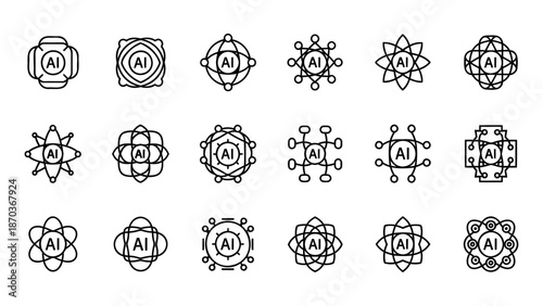 Collection of abstract geometric shapes representing molecular structures in black and white illustrations