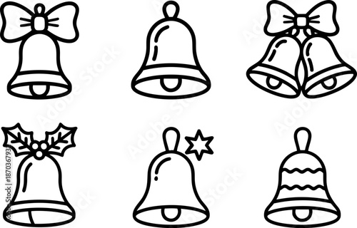 Christmas Bell Icons Set Holiday Jingle Bells Festive Decoration Line Symbols