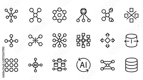 AI-related icons representing various concepts and technologies in a digital landscape